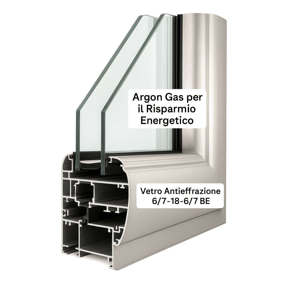 Sezione di una finestra alluminio taglio termico con doppio vetro antieffrazione e gas argon per il risparmio energetico.