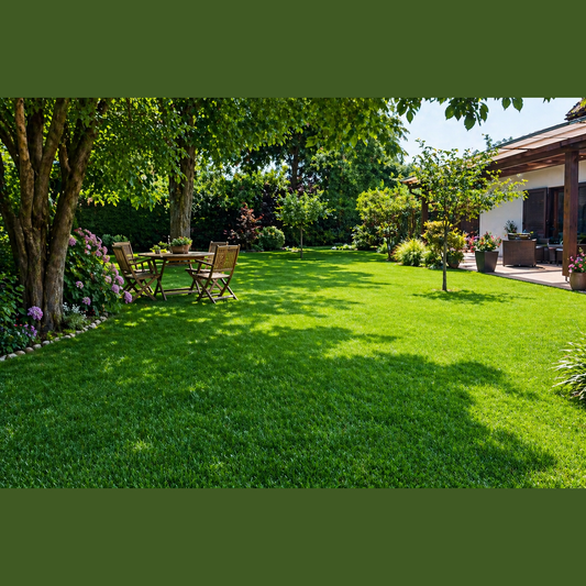 Giardino curato con un prato verde fitto e uniforme nato da semi prato ornamentale Picnic, ideale per sole e ombra.