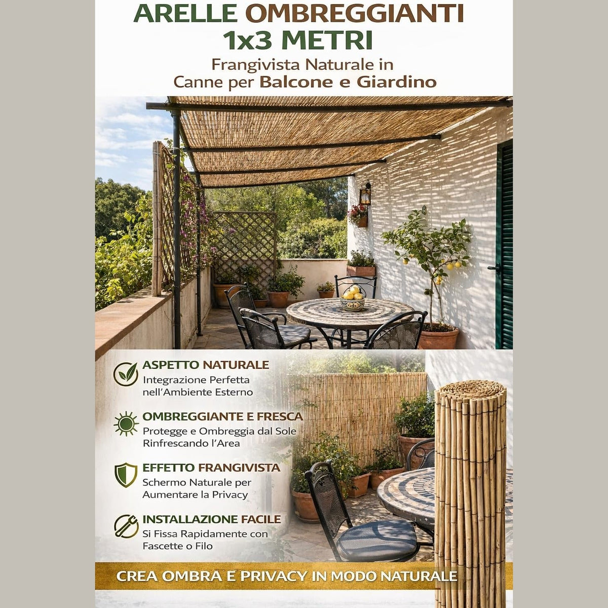 Arella in canne naturali 1x3 m per balcone e giardino con effetto frangivista e ombreggiante.