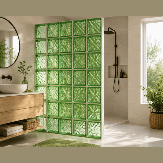 Parete divisoria in vetromattone verde ondulato per la doccia in un bagno moderno.