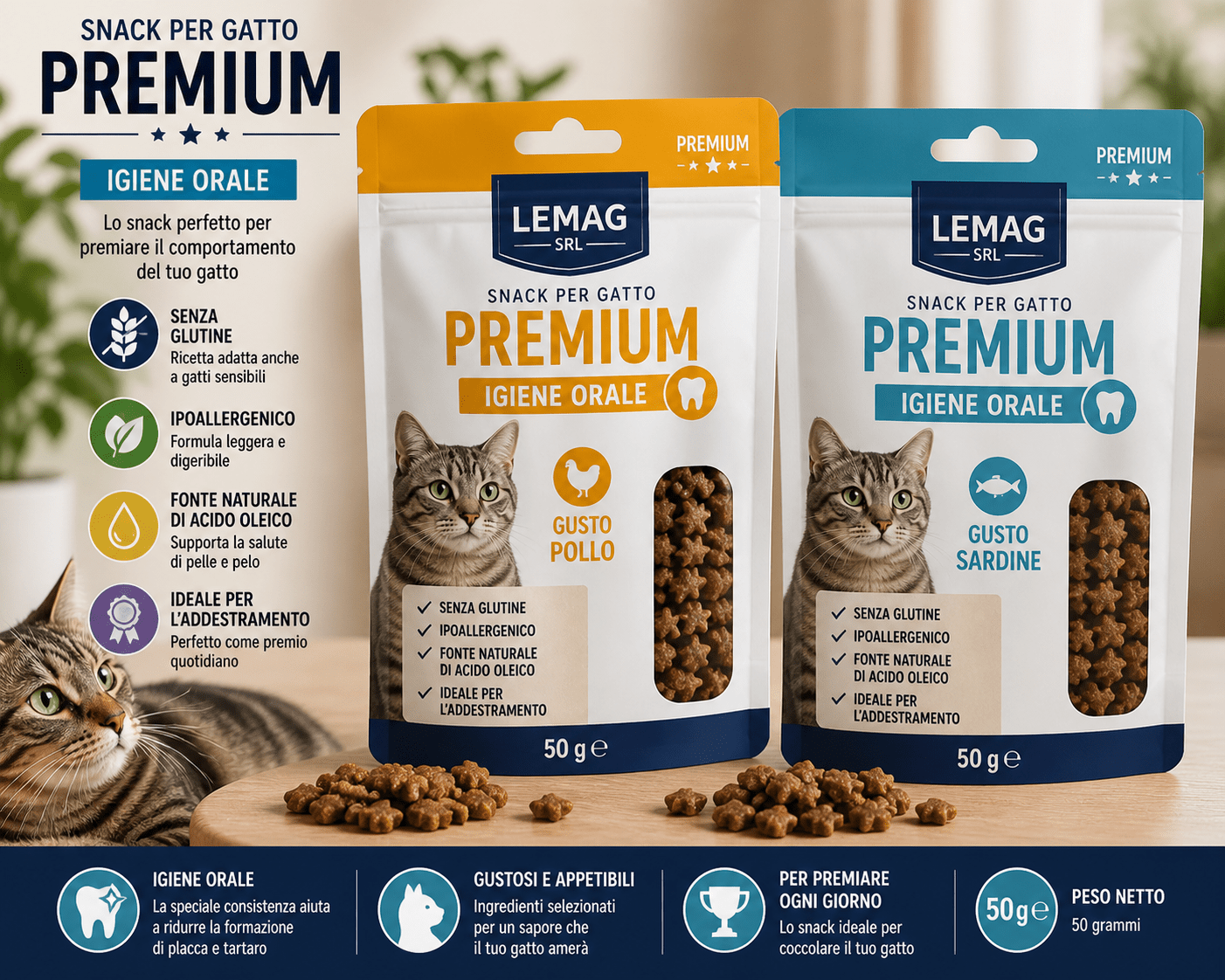 Snack per Gatto Premium 50g Igiene Orale Gusto Pollo o Sardine Senza Glutine Ipoallergenico - Lemag srl