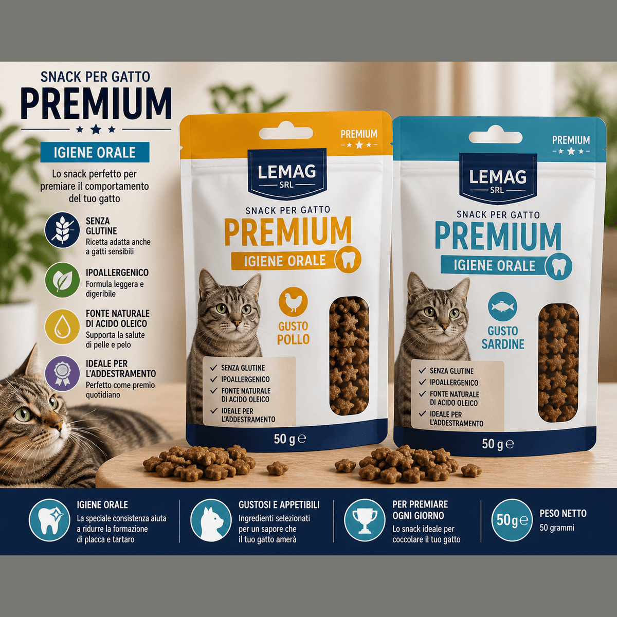 Confezioni di snack gatto igiene orale premium LEMAG al gusto pollo e sardine.