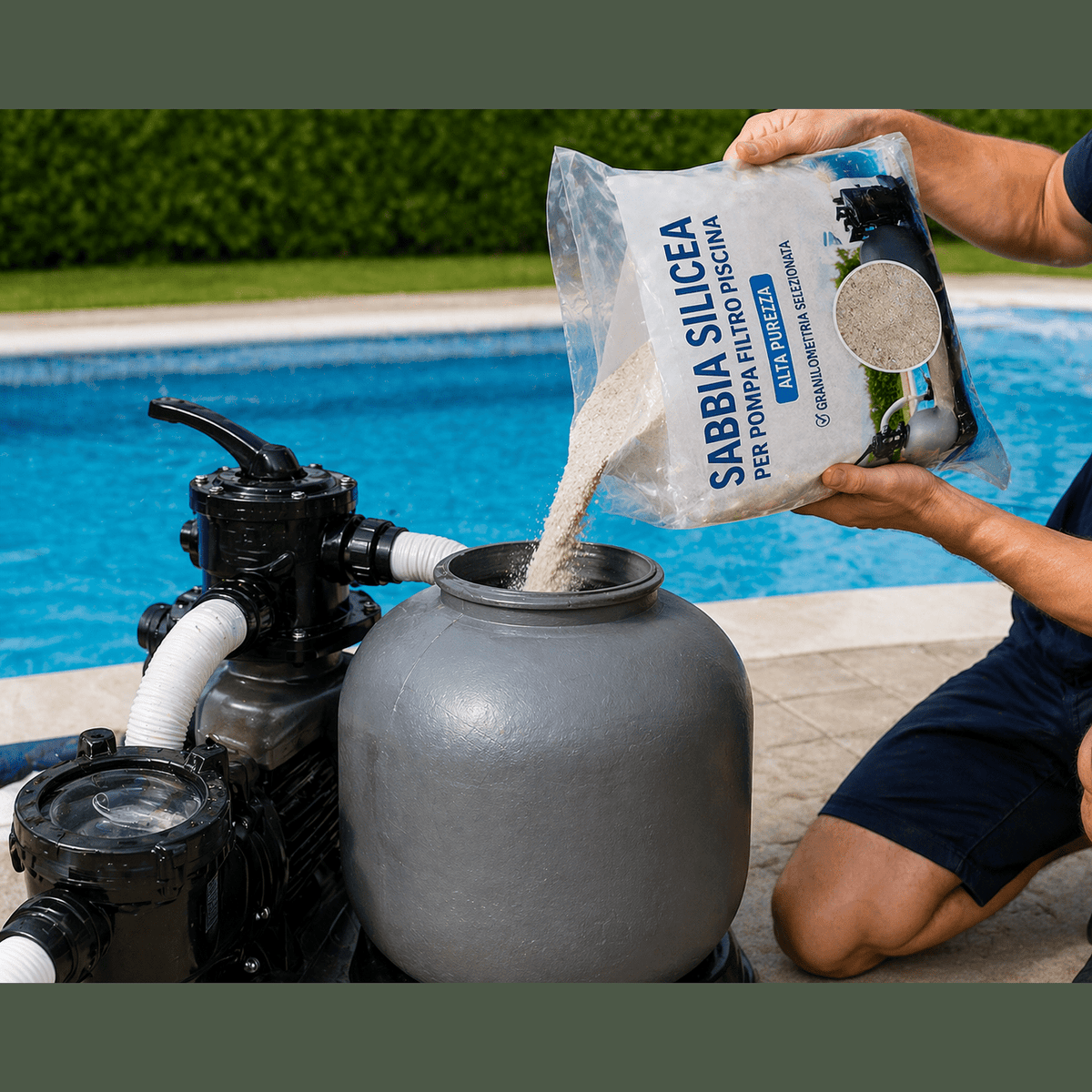Un uomo versa la sabbia silicea per filtro piscina nel sistema di filtrazione per la pulizia dell'acqua.