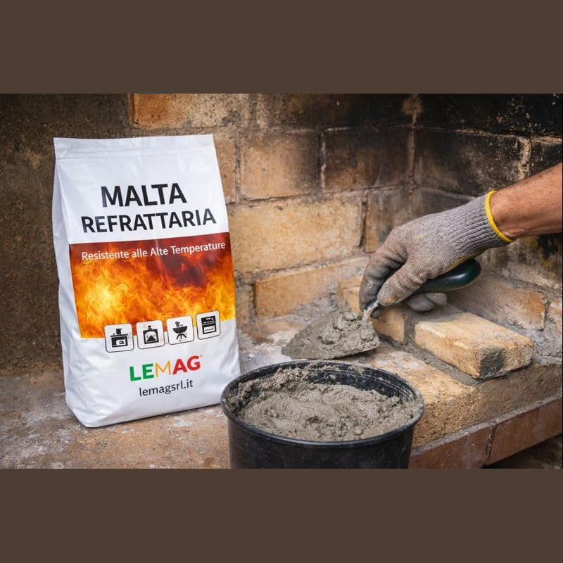 Confezione di malta refrattaria per alte temperature Lemag e applicazione del prodotto con cazzuola su mattoni refrattari.