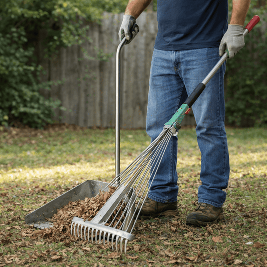 Kit Pulizia Giardino con Alzaimmondizia Zincato 35x25x76h cm + Scopa Foglie Regolabile 15 Denti con Manico Telescopico 80–165 cm - Lemag srl