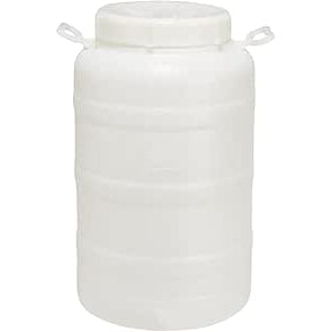 Fusto per alimenti 50 litri in plastica bianca a bocca larga con tappo a vite e maniglie.