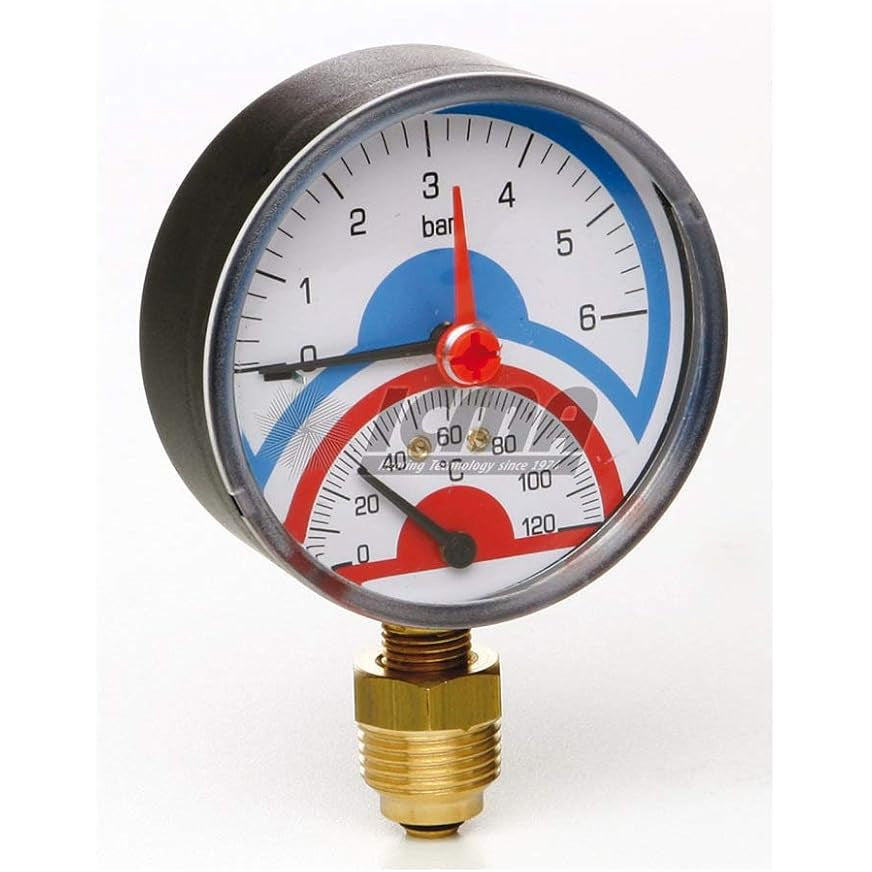 Un termomanometro radiale Ø80 mm con attacco da 1/2 pollice, per misurare pressione 0-6 bar e temperatura 0-120°C.