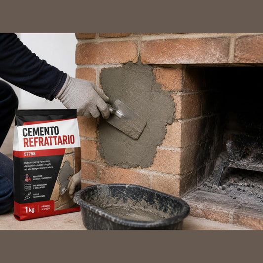 Applicazione di cemento refrattario pronto all'uso con cazzuola per la riparazione di un camino in mattoni.