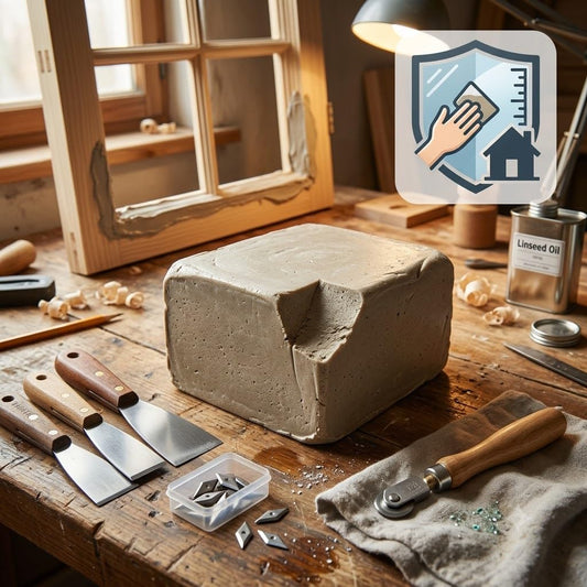 Blocco di stucco da vetraio in pane da 5 kg su banco da lavoro con spatole e attrezzi per sigillare serramenti in legno.