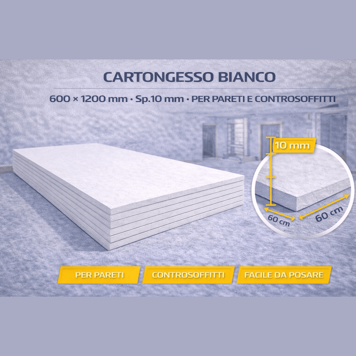 Lastra cartongesso 600x1200 bianca spessore 10 mm per la realizzazione di pareti divisorie e controsoffitti.