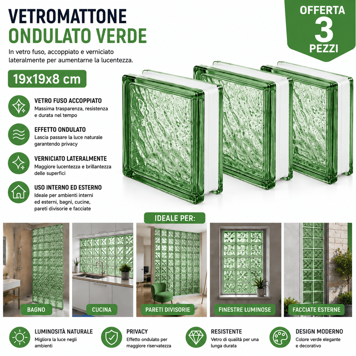 Vetromattone verde ondulato da 19x19x8 cm in set da 3 pezzi per pareti divisorie decorative di bagno e cucina.
