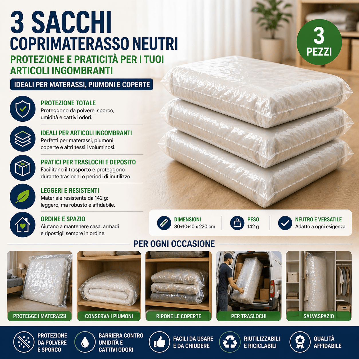 3 Sacchi Coprimaterasso 80+10+10x220 cm Protezione Materassi - Lemag srl