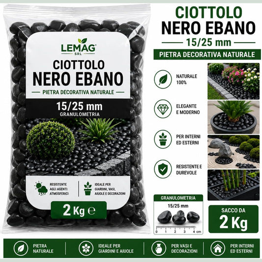 Sacco da 2 kg di ciottoli nero ebano da 15/25 mm, pietra decorativa naturale per aiuole, vasi e giardini.