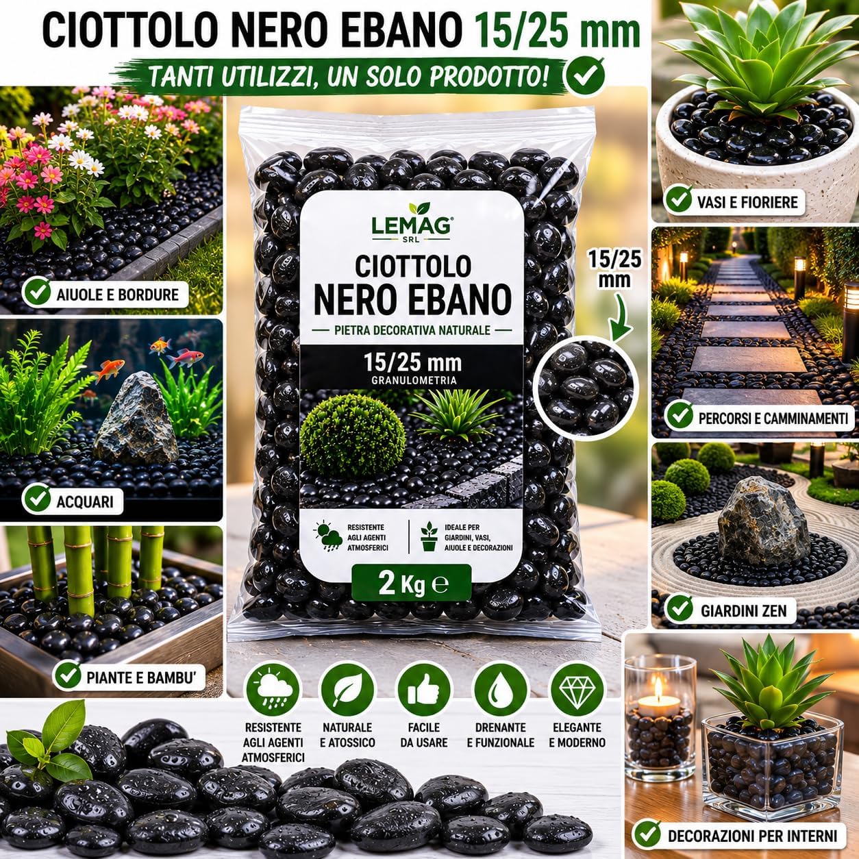 iottolo Nero Ebano 15/25 mm in Sacco da 2 kg Pietra Decorativa per Giardino Vasi Aiuole Decorazioni Interno Esterno - Lemag srl