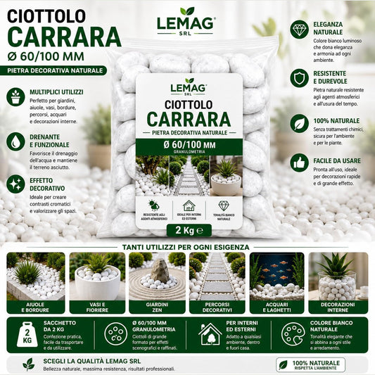 Infografica del sacco di ciottoli bianco carrara Lemag da 2 kg, con esempi d'uso per aiuole, vasi, giardini zen e interni.