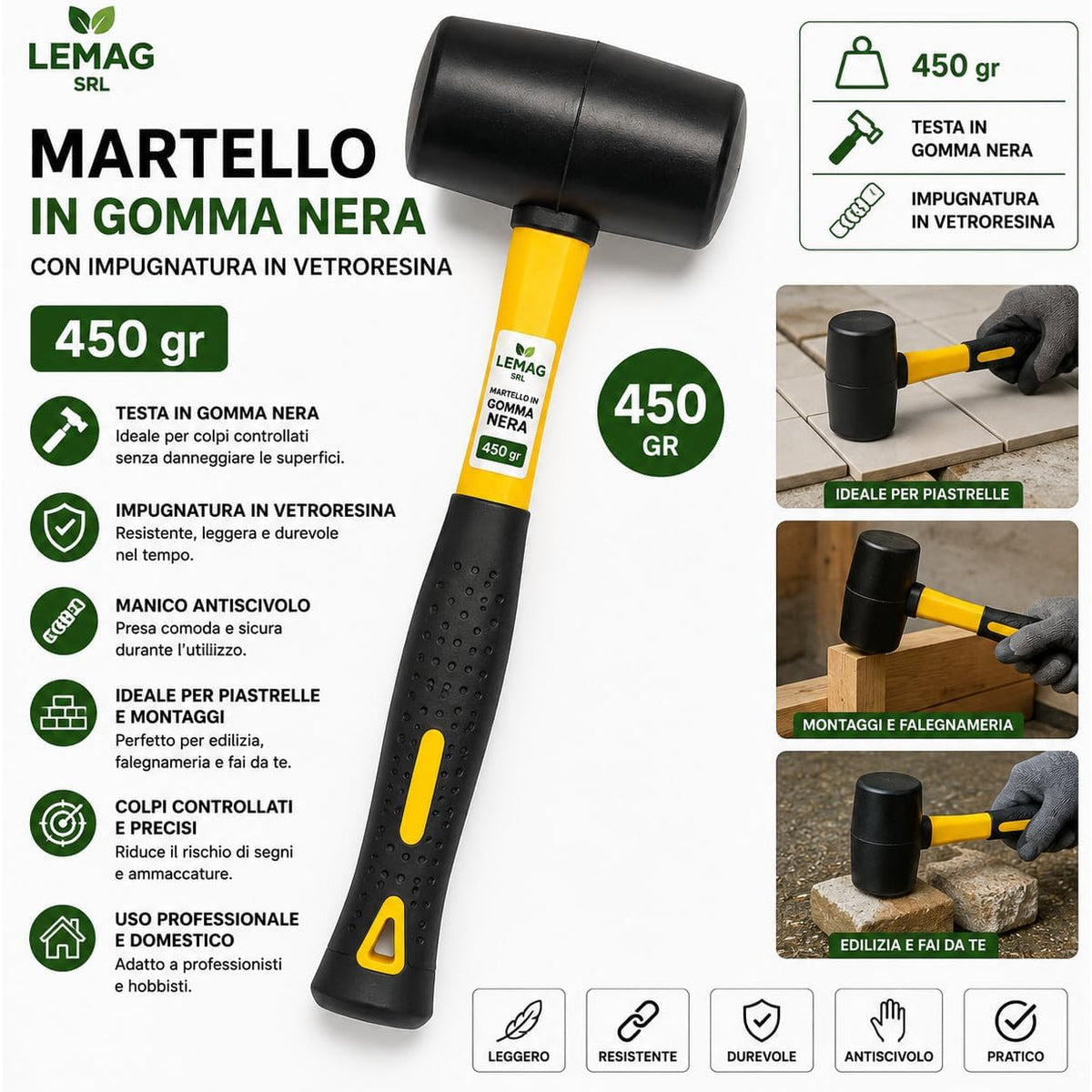 Martello in gomma nera da 450g con impugnatura in vetroresina per edilizia, montaggi e posa piastrelle.