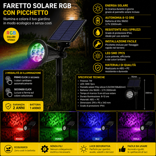 Faretto LED Solare Round con Picchetto 7W RGB IP44 - Lemag srl