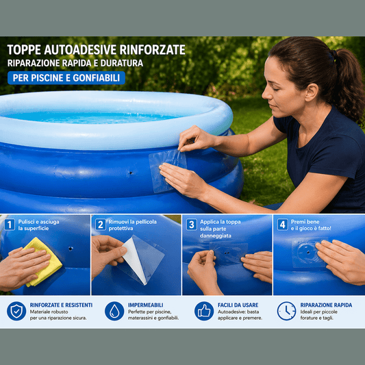 Donna applica toppe riparazione piscine gonfiabili autoadesive per riparare una piscina blu in giardino.