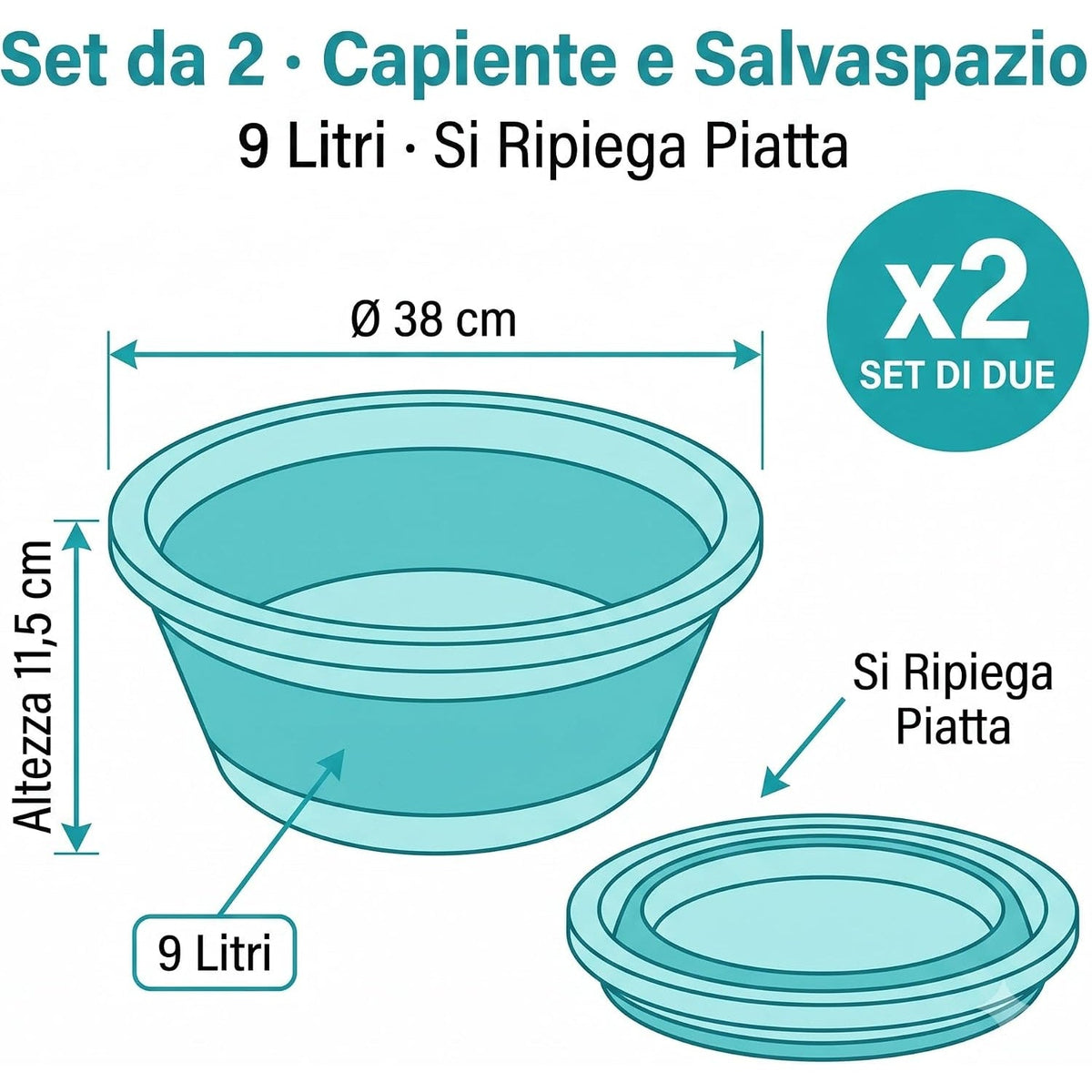 Dimensioni della bacinella pieghevole salvaspazio da 9 litri: diametro 38 cm, altezza 11,5 cm, richiudibile e piatta in set da 2.