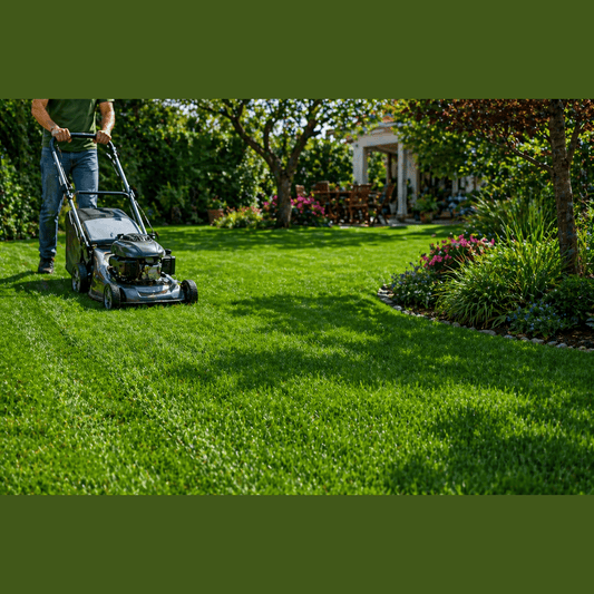 Prato verde e folto curato con semi prato rigenerante, rasato con un tagliaerba in un giardino soleggiato.