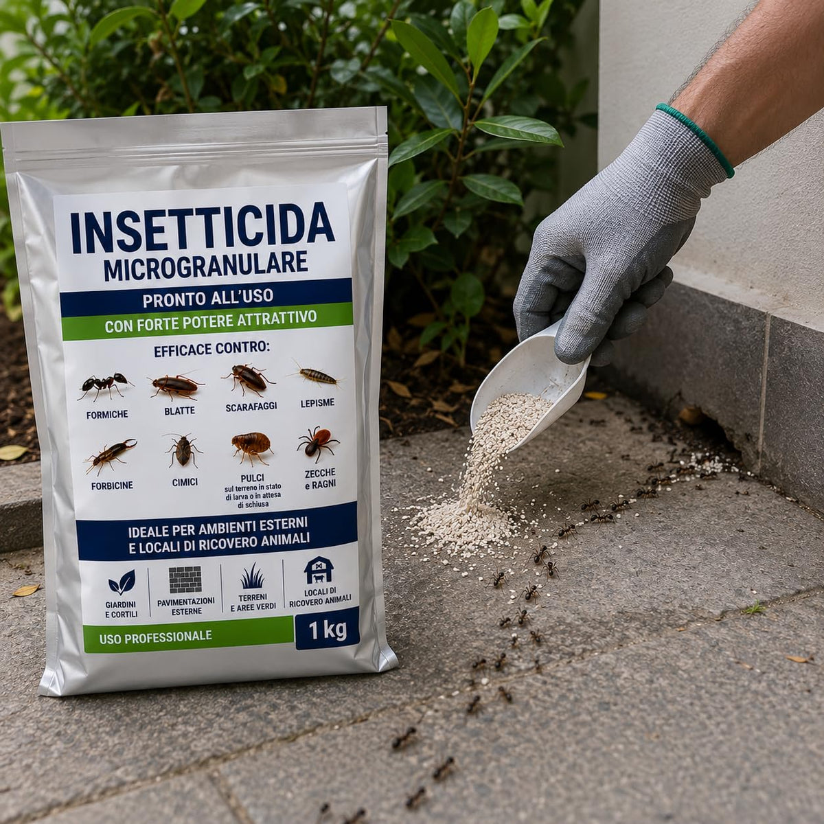 Applicazione di insetticida microgranulare per esterni contro formiche e insetti striscianti su pavimentazione esterna.