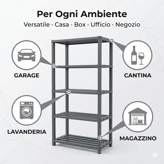 Scaffale in Resina 4 Ripiani 30x60x143h cm – Scaffalatura Portata 100 kg per Garage Cantina e Magazzino – Scaffale Plastica Resistente Montaggio a Incastro Senza Viti - Lemag srl