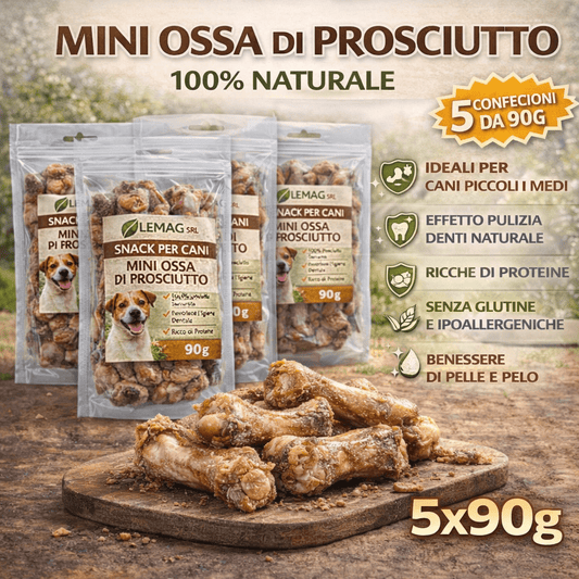 Snack per Cani Mini Ossa di Prosciutto 5 Confezioni da 90 g Naturale Masticativo - Lemag srl