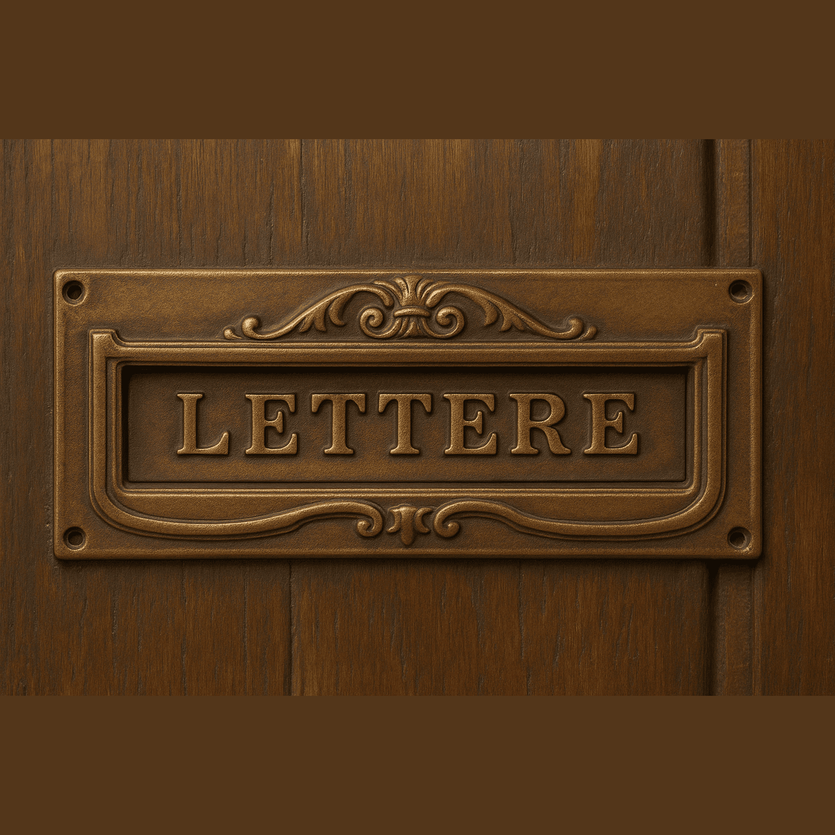 Elegante buca per lettere bronzo anticato da esterno installata su un portone in legno scuro.