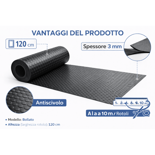 Infografica con caratteristiche del tappeto bollato in gomma nero antiscivolo con spessore 3 mm e altezza 120 cm.
