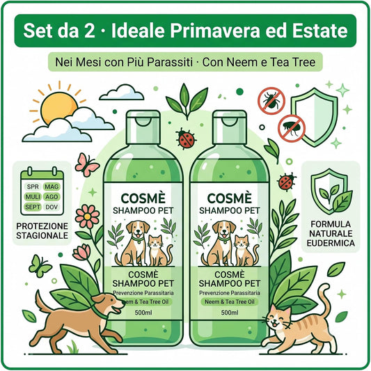 Set 2 Shampoo per Cani al Tea Tree e Neem – Shampoo Lenitivo ad Azione Antiparassitaria Naturale per il Manto – Nutre il Pelo e Lenisce Prurito e Forfora – Ideale in Primavera ed Estate - Lemag srl