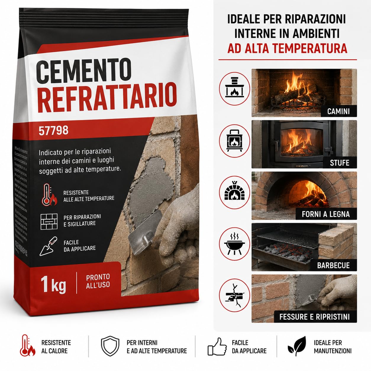 Cemento Refrattario 1 Kg per Camini Stufe Barbecue - Lemag srl