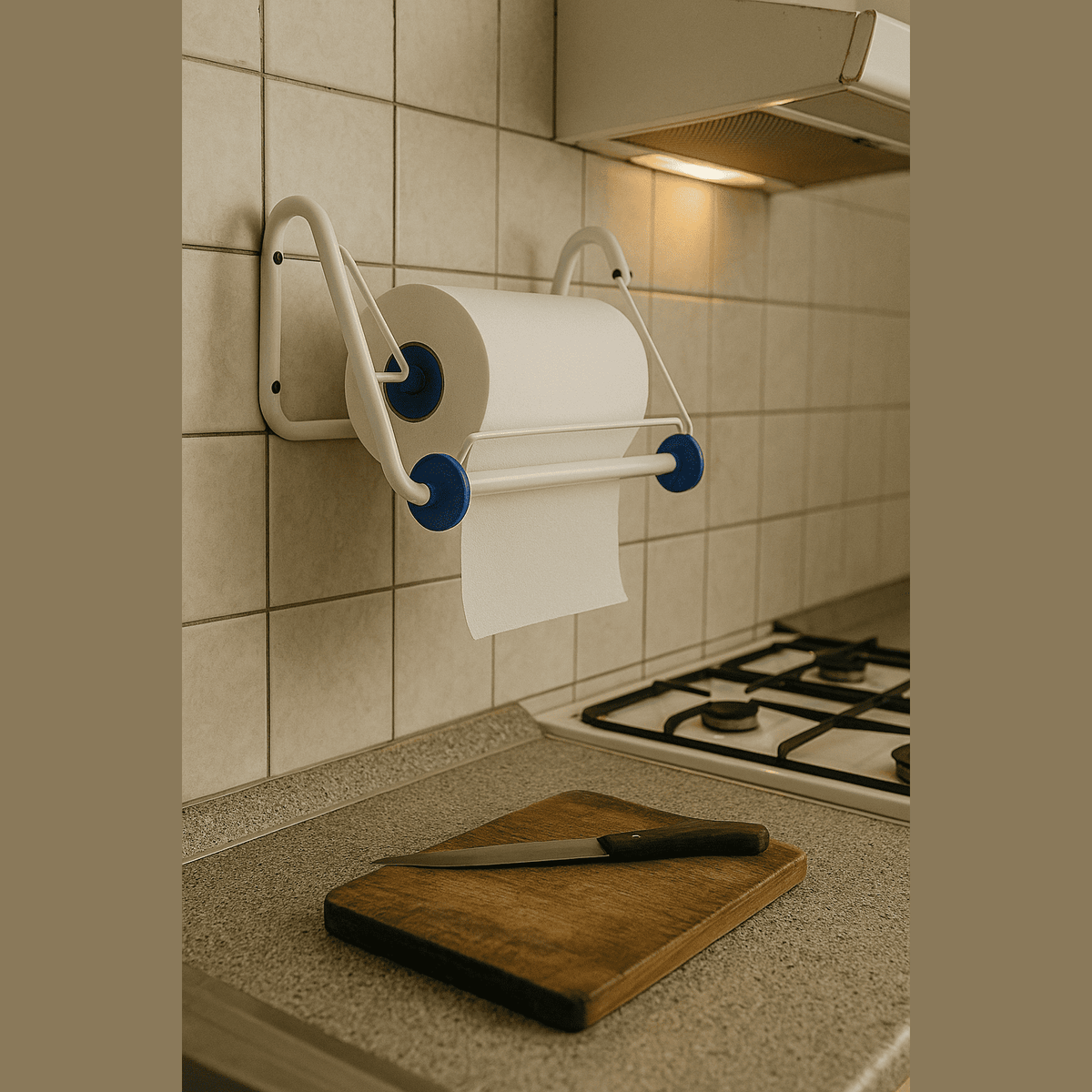 Dispenser bobina carta da parete in acciaio bianco fissato al muro di una cucina, ideale per rotoli di carta asciugatutto.