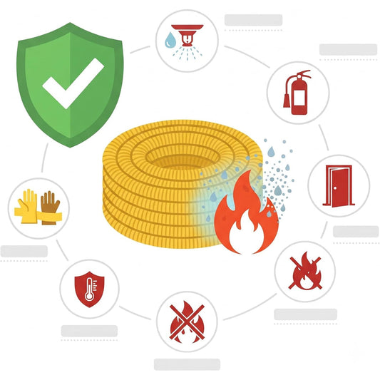 Rotolo di tubo spiralato giallo per gas con icone di sicurezza per la protezione antincendio negli impianti.