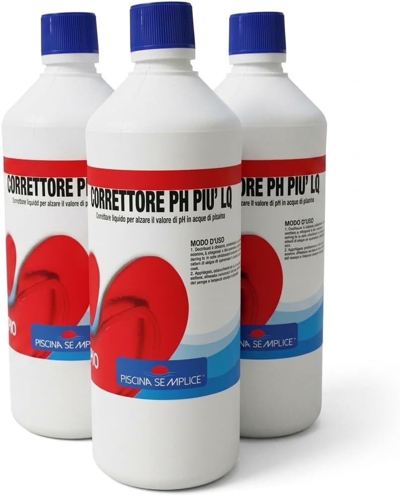 Tre flaconi di correttore pH liquido piscina per alzare il valore del pH dell'acqua di piscine interrate e fuori terra.