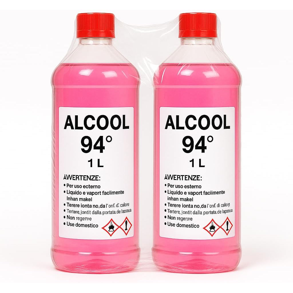 Confezione di alcool 94 gradi per pulizia da 2 bottiglie da 1 litro, ideale per sgrassare e igienizzare superfici di casa.