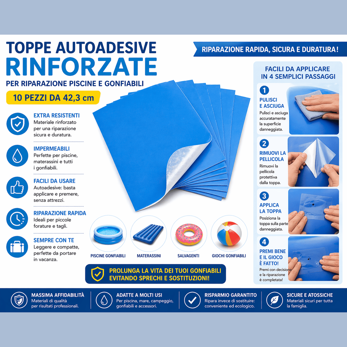 Kit di toppe riparazione piscine gonfiabili autoadesive e rinforzate per riparare facilmente fori e perdite d'acqua.