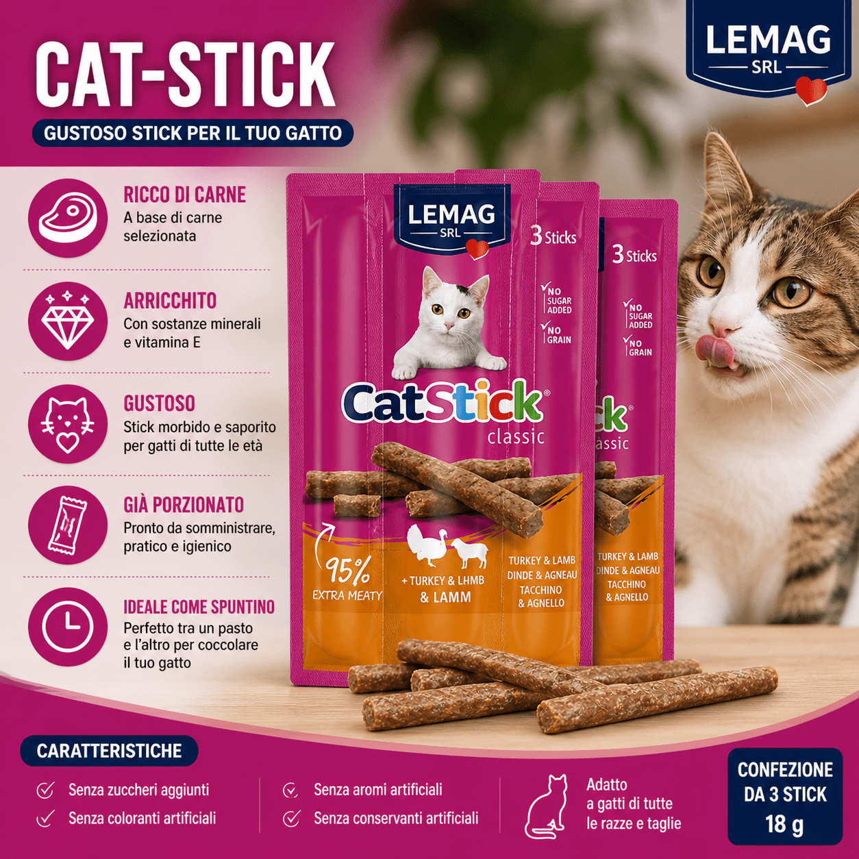 Snack per Gatti Cat Stick 18g 3 Pezzi Tacchino e Agnello Stick Morbidi con Vitamina E e Minerali Spuntino Naturale - Lemag srl