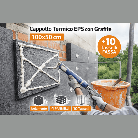 Applicazione di schiuma adesiva su pannelli EPS grafite Fassa 100x50 cm per l'installazione del cappotto termico esterno.