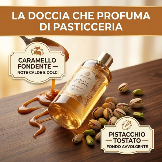 Bagnoschiuma caramello e pistacchio 5 litri, docciaschiuma vegano made in Italy – dettaglio