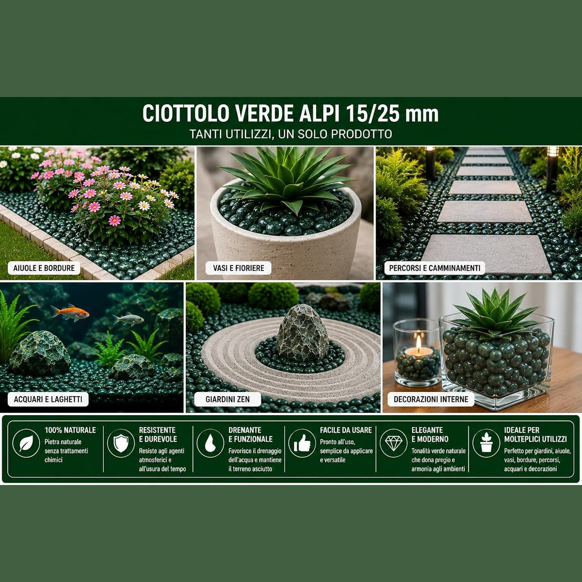 Idee d'uso del ciottolo verde alpi per decorare aiuole, vasi, acquari e giardini interni ed esterni.