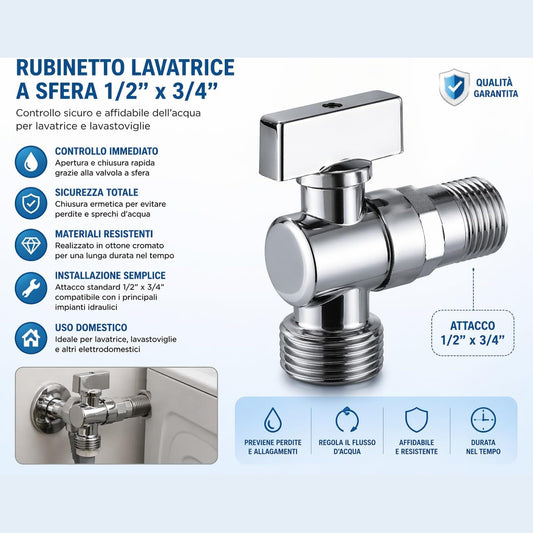 Infografica del rubinetto lavatrice a sfera in ottone cromato con attacco standard per lavatrice e lavastoviglie.
