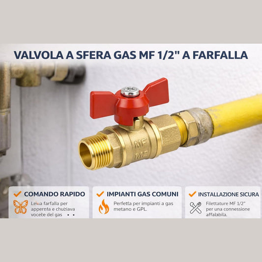 Valvola a sfera gas 1/2 in ottone con manopola a farfalla rossa installata su tubo giallo per impianti a metano e GPL.
