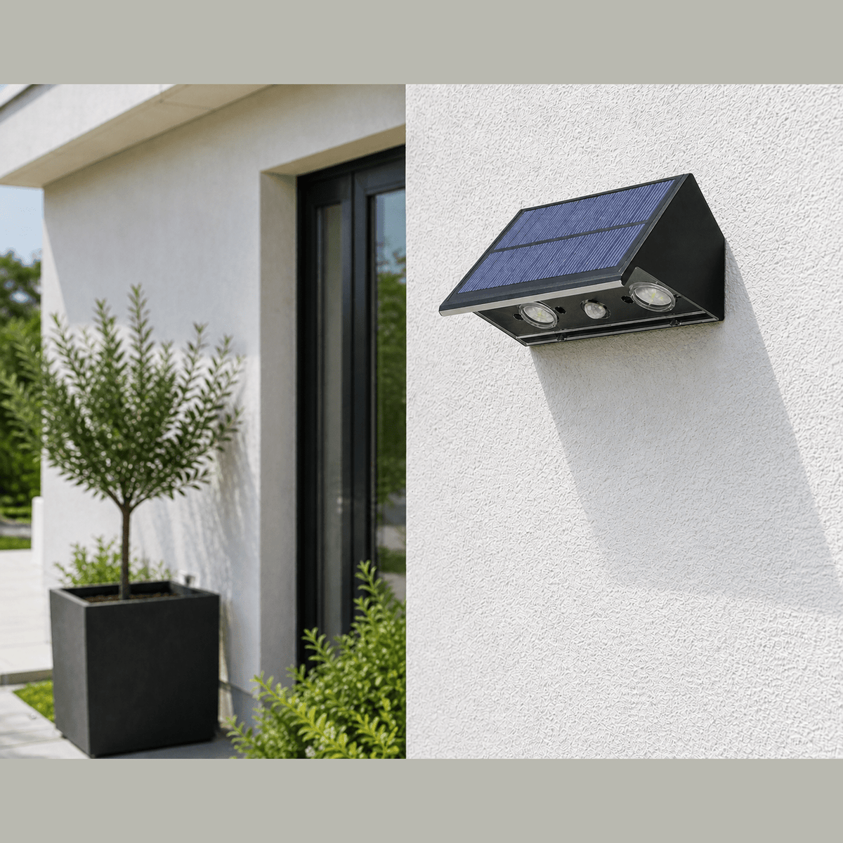 Un'applique solare da esterno nera Lens montata a parete per l'illuminazione moderna di un giardino.