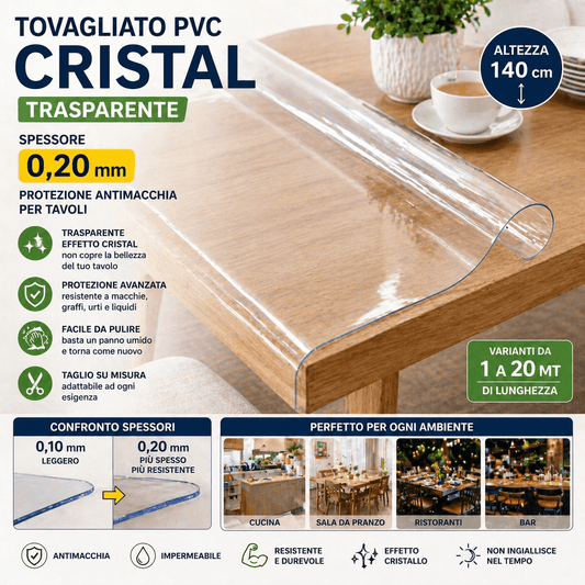 Tovagliato PVC Trasparente Cristal 0,20 mm 140 cm Antimacchia al Metro - Lemag srl