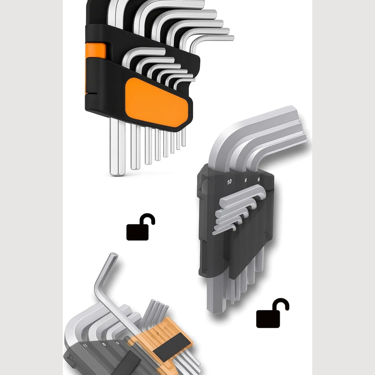 Set chiavi a brugola da 9 pezzi con supporto organizzatore con sistema di bloccaggio e sbloccaggio rapido.