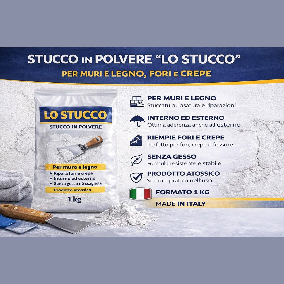 Confezione di stucco in polvere per muri LO STUCCO da 1 kg con spatola, ideale per riparare crepe, fori e rasare pareti.