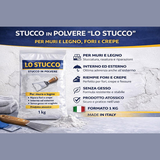 Confezione di stucco in polvere per muri LO STUCCO da 1 kg con spatola, ideale per riparare crepe, fori e rasare pareti.
