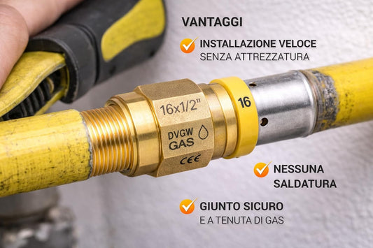 Raccordo a Pressione Gas Dritto 16x1/2 M Maschio per Tubo Multistrato Impianti Gas Metano GPL Connessione Rapida Sicura Ottone - Lemag srl
