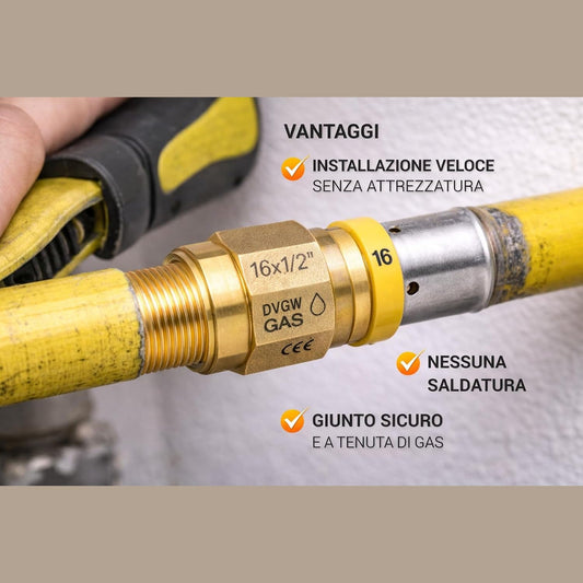 Installazione rapida di un raccordo multistrato gas a pressare da 16x1/2 per impianti domestici sicuri.
