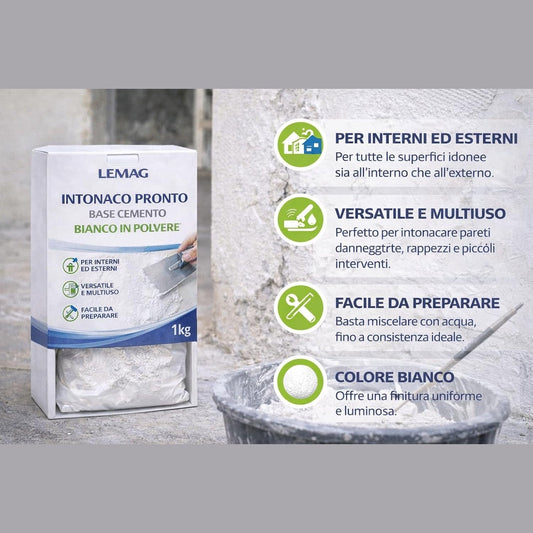 Confezione da 1kg di intonaco pronto cemento bianco Lemag in polvere per la riparazione e stuccatura di pareti interne ed esterne.